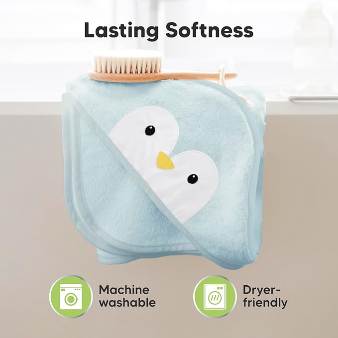 KeaBabies Hooded Baby Towel for Newborn - Viscose Derived from Bamboo Large Baby Bath Towels with Hood for Boys, Girls, Toddler, Extra Absorbent & Soft Newborn Bath Essentials (Penguin)