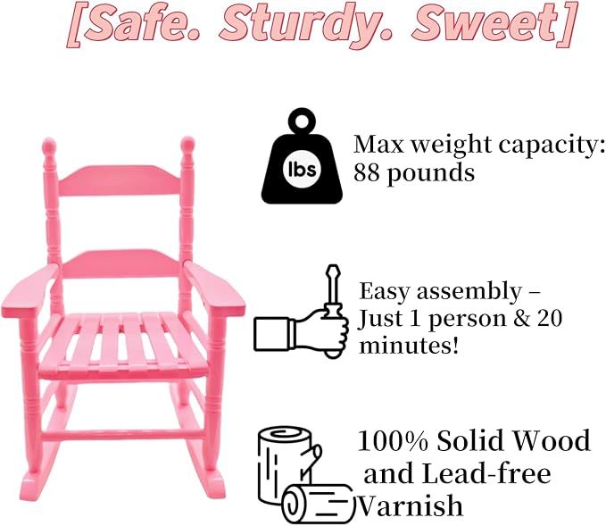 Child Rocking Chair for 3-6 Small Baby Kids Wooden Outdoor Furniture Indoor Living Room Lounge Bedroom Porch Patio Outside Pink