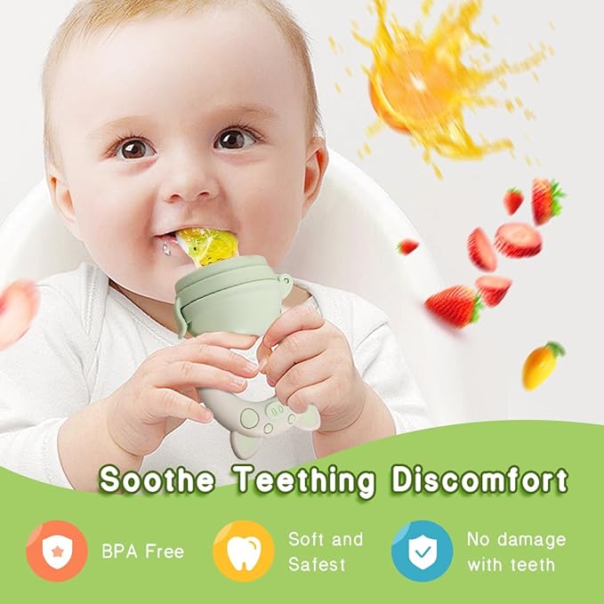 Baby Solids/Frozen Fruit Feeder Pacifier, Infant Teether Toy 4M+, BPA-Free Silicone Pouch & Nipple, Safely Introduce Solids, Teething Relief, 2-Pack - Gray (Piglet)