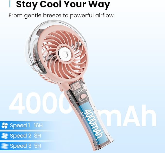 KIBEE Portable Misting Fan - 4000mAh Rechargeable, 50ml Water Tank, Foldable 180° Handheld Fan with Mist Spray, 3-Speed Personal, Portable Charger for Travel, Outdoors, Makeup & More(Pink)