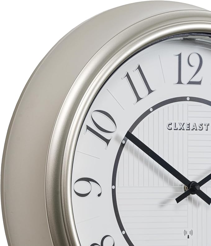 CLXEAST 14 Inch Self-Illuminated in/Outdoor Atomic Wall Clock for Home Office, Night Light Wall Clocks for Living Room Decor,Modern Farmhouse Morning Silver/Gold Finish