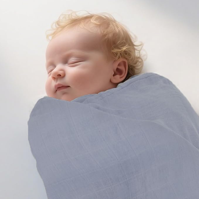 Muslin Swaddle Blankets, Nursery Receiving Blanket for Newborn, Baby Swaddle Wrap Soft Silky & Breathable, 3 Packs, 47 X 47In (White & Blue 3 Pieces)