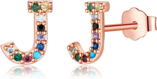 Memorjew Initial Stud Earrings for Women, Hypoallergenic 925 Sterling Silver Post Rainbow Cubic Zirconia Gold Plated 26 Initial Earrings for Women Jewelry Gifts