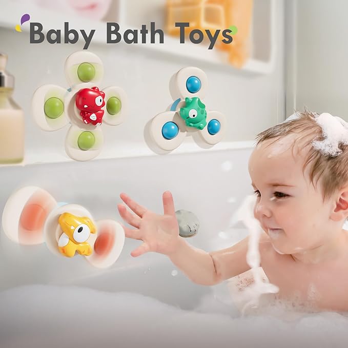 ALASOU 3PCS Suction Cup Spinner Toys for 1 Year Old Boy Girl|Spinning Top Baby Toys 12 18 Months|1 2 Year Old Boy Birthday Gift|Baby Bath Toy for Kids Ages 1-3|Sensory Toy for Toddlers 1-3