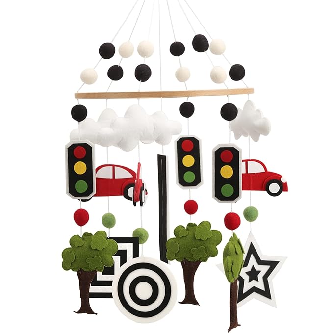 High Contrast Mobile - Black and White Crib Mobile for Development with red Cars, Green Trees and Black and White Patterns