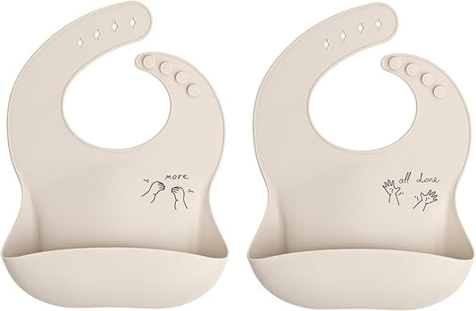 Baby Sign Language Silicone Bib Bundle, More & All Done, Oat Cream