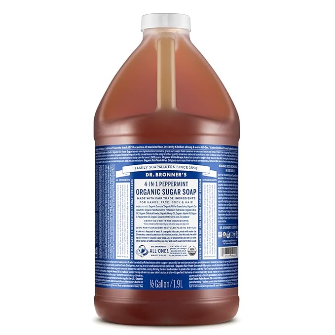 Dr. Bronner's Organic Sugar Soap (Peppermint, 64 Ounce)- Made with Organic Oils, Sugar & Shikakai Powder, 4-in-1 Uses: Hand and Body Wash, Face, Hair- Cleanses, Moisturizes, Nourishes, Vegan