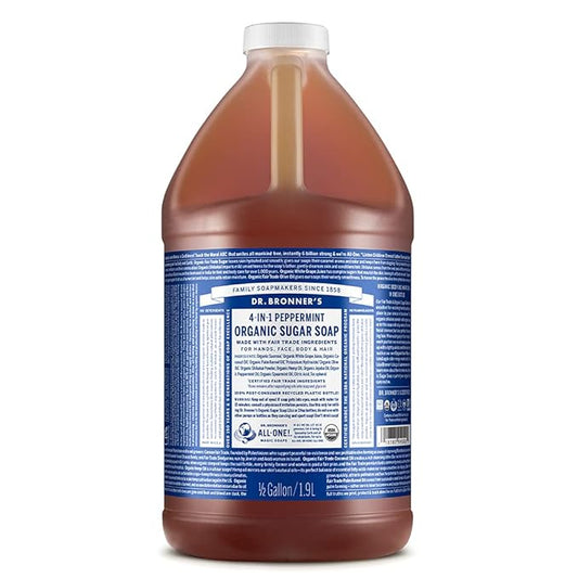 Dr. Bronner's Organic Sugar Soap (Peppermint, 64 Ounce)- Made with Organic Oils, Sugar & Shikakai Powder, 4-in-1 Uses: Hand and Body Wash, Face, Hair- Cleanses, Moisturizes, Nourishes, Vegan
