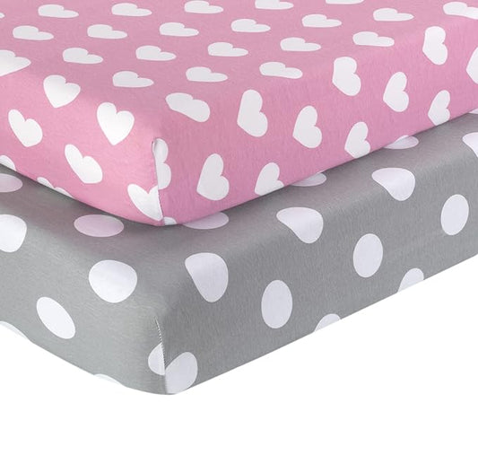 2 Pack Fitted Crib Sheets for Girls in 100% Jersey Knit Cotton – Baby Girl Crib Mattress Sheets in Pink and Purple Heart and Polka Dot Designs by Everyday Kids; Sweet Baby Girl Nursery Theme