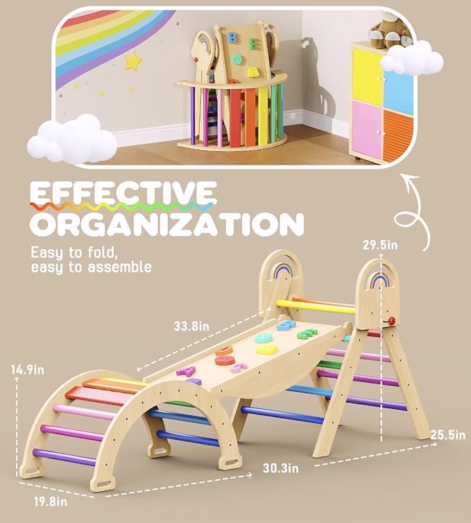 Pikler Triangle Set, 9-in-1 Foldable Wooden Climbing Toy for Toddler 1.8-7Y, Montessori Climber Gifts, Indoor Jungle Gym with Arch&Ramp&Ladder for Kids to Learning Through Playing