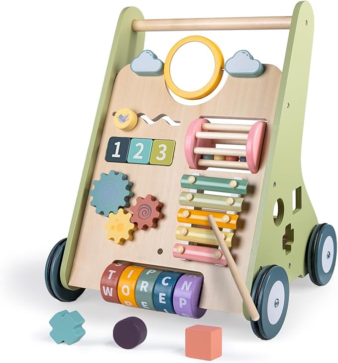 Wooden Baby Walker with Wheels, Baby Walker for Boys 6-12 Months Push Toy, Montessori Walking Toys for 1 Year Old Activity Center