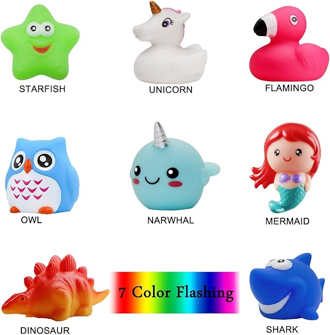 Bath Toys (8 Packs Rubber Animals Toys) Light Up Floating Rubber Toys Flashing Color Changing Light in Water Bathtub Shower Games Toys for Baby Kids Toddler Child …