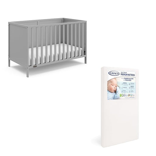 Graco Theo Crib and Mattress Nursery Essentials Pack (Pebble Gray) – GREENGUARD Gold Certified Baby Crib & Crib Mattress, Cribs with Mattress Included, Convertible Crib, Baby Mattresses for Crib