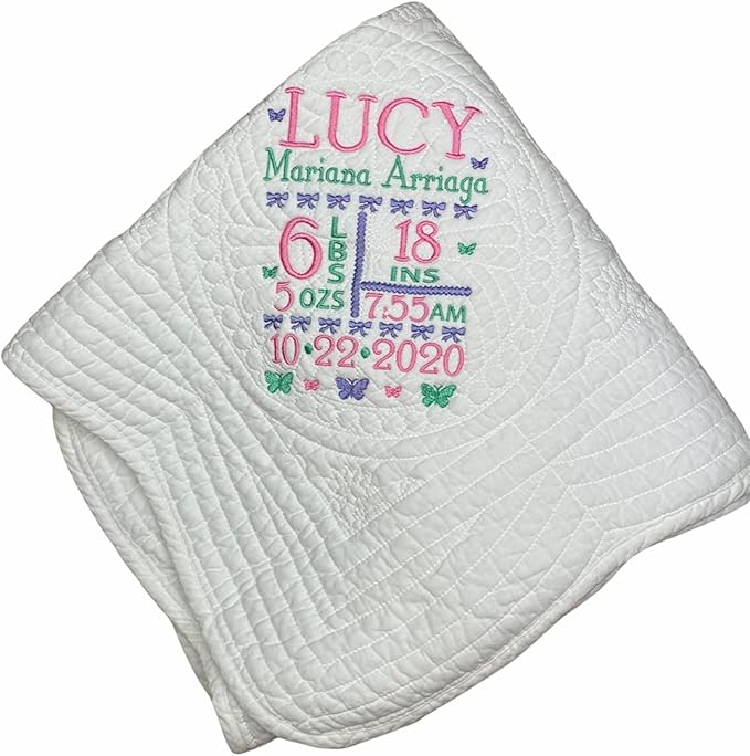 Baby Quilt for Girls Baby Gift for Newborn Personalized Baby Stats Gift Embroidered Baby Blanket Heirloom Baby Quilt Keepsake Baby Gift Custom Baby Blanket New Baby Girl Gifts Monogrammed Baby Gift