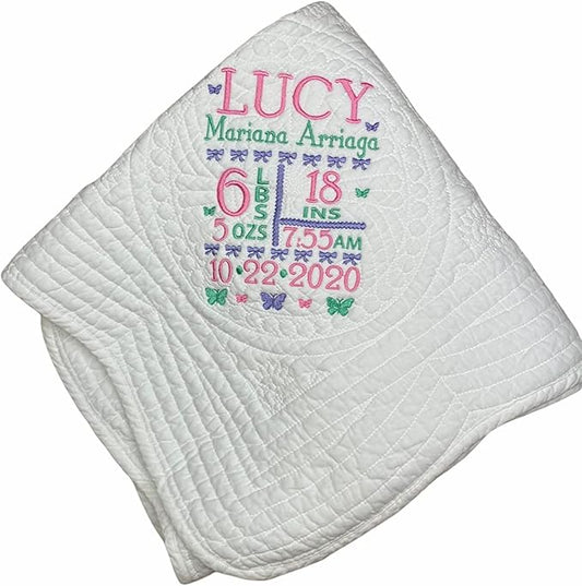 Baby Quilt for Girls Baby Gift for Newborn Personalized Baby Stats Gift Embroidered Baby Blanket Heirloom Baby Quilt Keepsake Baby Gift Custom Baby Blanket New Baby Girl Gifts Monogrammed Baby Gift