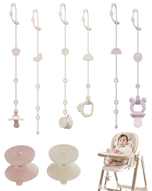 6 Pack Silicone Baby Toy Straps with 2 pcs Suction Cup Bases, Silicone Pacifier Holder, Toy Strap,Adjustable Toy Holder for Stroller Accessories, Car Seat, Highchair,Crib (B)