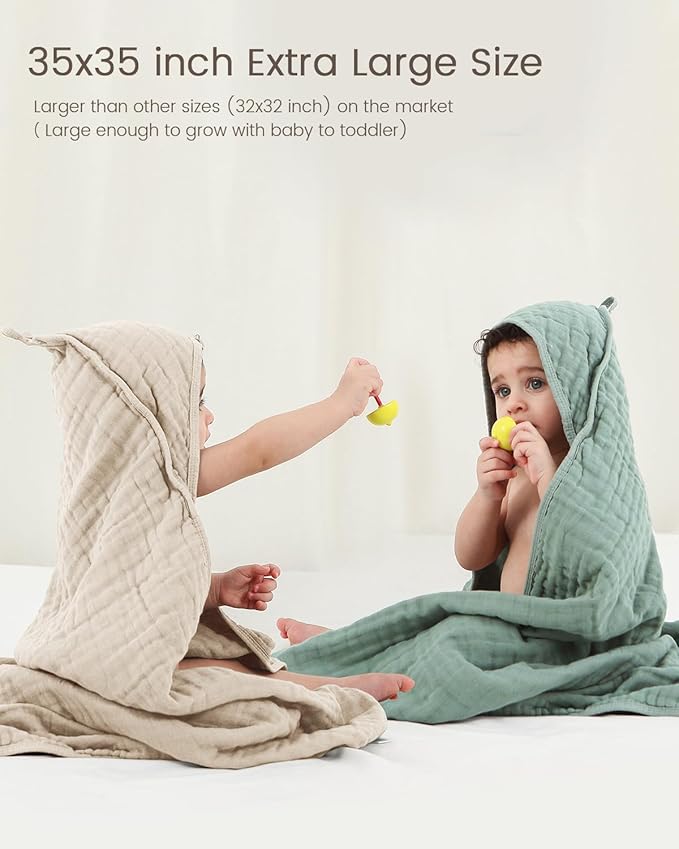 Hooded Baby Towels for Newborn, 35x35 Inch 3 Pack 100% Muslin Cotton Baby Bath Towel, Soft Baby Beach Towels with Hood for Infants, Toddlers and Kids, Essentials Must Haves