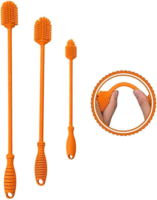 Silicone Bottle Brush Cleaner Set of 3，Long Handle Bottle Cleaning Brushes for Narrow Neck Containers, Water Bottles, Thermos, Hydro Flasks, Coffee Mugs,Baby Bottles (Orange Upgraded Version)