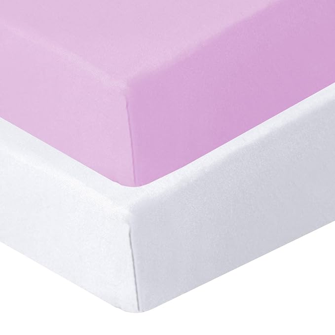 Biloban Pack and Play Sheets Fitted, 2 Pack Pack and Play Sheet Fits for Graco Pack n Play Mattress, Neutral Playard Sheets for Baby Boys and Girl, White & Violet, 38”X 26”