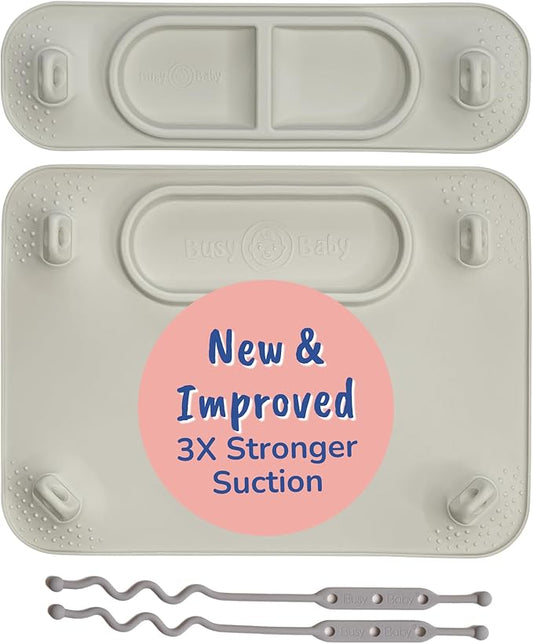 BUSY BABY Silicone Mat Bundle - 1 Original Mat Plus 1 Mini Mat, New Stronger Suction Cups, 6 Straps to Secure Baby Essentials and Keep Them Off The Floor, Baby Led Weaning, Wet Bag Included (Tan)