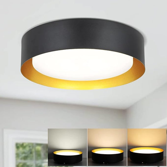 Depuley 18W Flush Mount LED Ceiling Light, 13 inch Dimmable 3 Color in One Round Light Fixture(3000K-5000K), Black with Gold Inside Lighting Fixtures for Bedroom, Hallway, Foyer