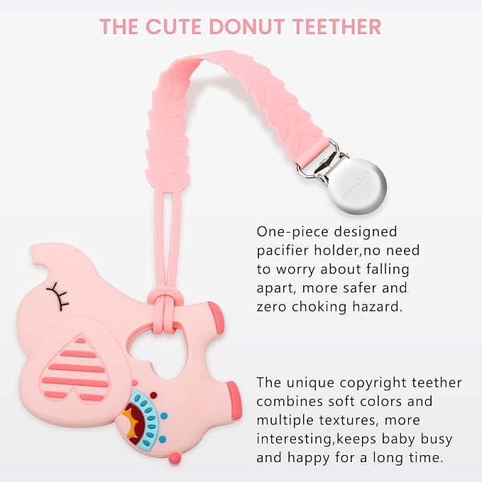 Teething Toys for Babies 0-6 6-12 Months Baby Teethers with Clip Silicone Baby Teether Toys for Boys and Girls Infant Teething Relief for Teething Elephant Shape, Pink