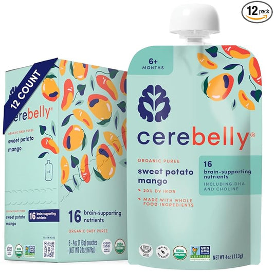 Cerebelly Organic Baby Food Pouches – Organic Veggie Purees for Toddlers | No Added Sugar, Fiber, Non-GMO | Blended Toddler Food | 4oz BPA-Free Baby Food | Sweet Potato Mango | 12 Count