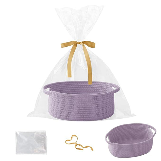 Gift Basket with Gift Bag and Ribbons,Small Rope Woven Shelf Storage,Baskets for Gifts Empty,Birthday,Shower,Decorative Organizer Box for Cat Dog Pet with Handles(Purple)
