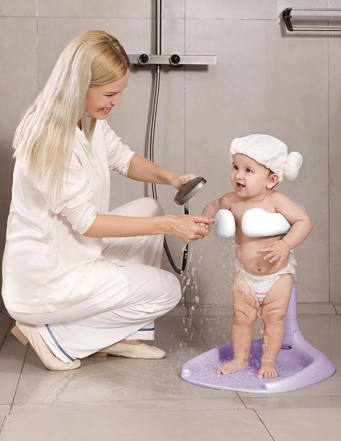 Baby Shower Stand, Baby Bath Support, Shower Standing Support with Adjustable Height and Armrest, Bath Stand with Anti-Skip and Shower Head Holder, Bath Essentials for Infants