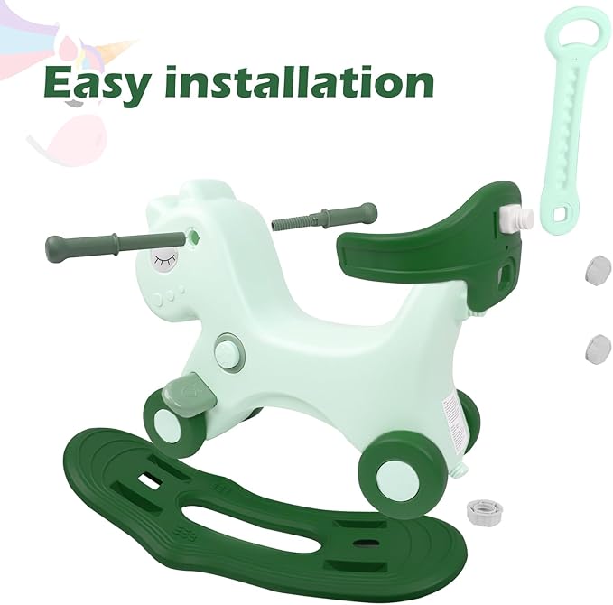4 in 1 Rocking Horse for Toddlers 1-3 Years Old, Baby Rocking Toy Fun Birthday Gift for 1+ Kids, Ride on Toy with Detachable Balance Board and Footrest，Balance Bike with Push Handle