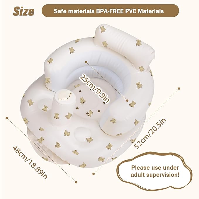 Inflatable Baby Seat, Inflatable Baby Chair for Babies 3 Months and Up Summer Baby Inflatable Seat for Sitting Up, Blow Up Baby Floor Seat with Built in Air Pump, Bear