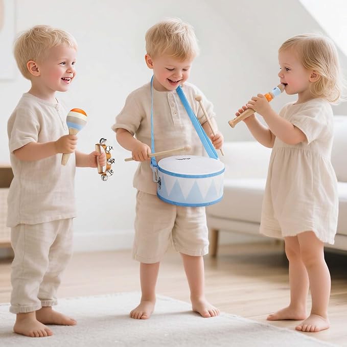 Toddlers Drum Set - Montessori Toys for 2 3 Year Old Boy Girl Birthday Gifts, 6 in 1 Wooden Musical Instruments for Toddlers 2-4, Preschool Learning Musical Toys for Baby 18+ Months with Snare Drum
