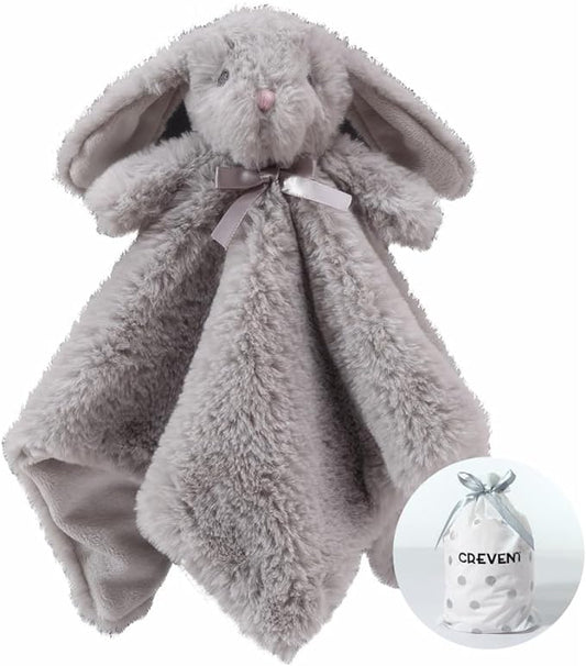 CREVENT Cozy Plush Baby Security Blanket Loveys for Baby Boys and Girls, Faux Fur Front + Mink Backing with Animal Face (Grey Bunny)