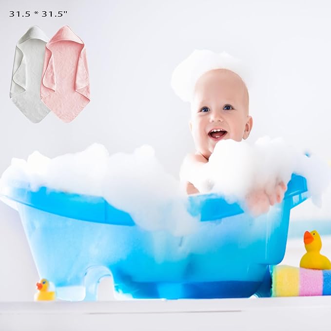 Baby Hooded Towels 31.5 * 31.5" Bath Towel for Newborn Toddler Infant Shower Gifts Ultra Absorbent Soft Bathrobe Blanket Boys and Girls (White Pink)