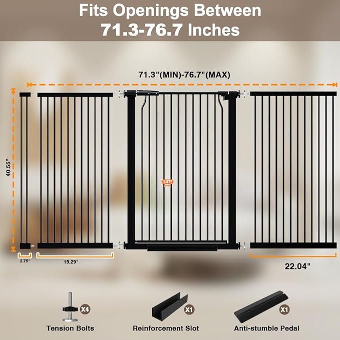 41" Extra Tall and Wide Pet Gate, 71.3-76.7 in Baby Gates with Door for Doorways Hallways, Walk Thru Large Dog Gate Indoor, Auto Close Long Child Safety Gates for Kids Puppy Doggie, Black