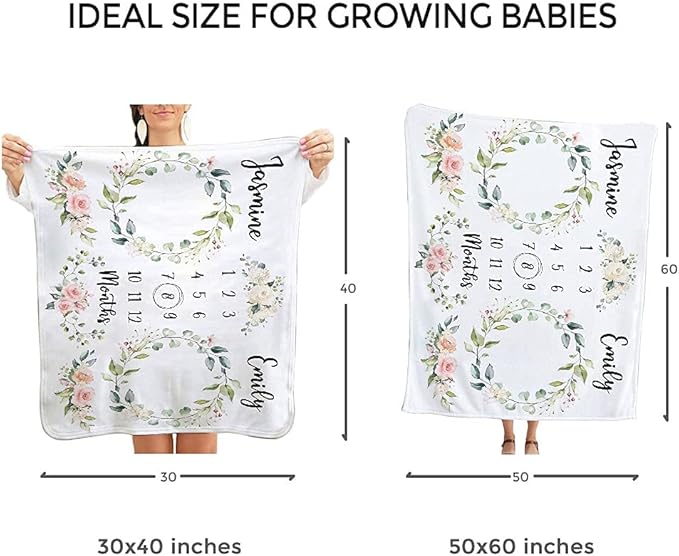 MDPrints Personalized Twin Milestone Blanket, Custom Monthly Baby Blankets with Name for Boys and Girls, 30x40 & 50x60inch Soft Plush Fleece (White)