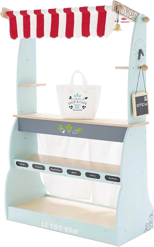 Le Toy Van - Honeybake Reversible Educational Pretend Wooden Grocery Store and Cafe Stand | Educational Role Play Kids Toy Set | Cafe or Supermarket Pretend Play Shop, Multi (TV317)