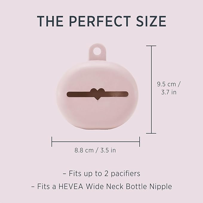 HEVEA Natural Rubber Pacifier Holder Case - 100% Natural Rubber - Danish Design Hygienic Holder for Pacifiers & Bottle Nipples, Easily Attaches to Bags & Strollers, BPA-Free, Vegan - Powder Pink