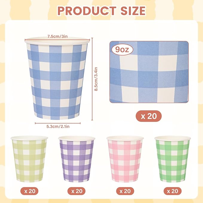 100pcs 9 oz gingham party Paper cups, 5 Colors Disposable Plaid Paper Checkered Cups for Wedding Birthday Party, Travel, Baby Shower Picnic