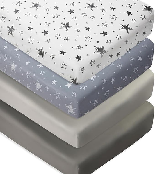 4 Pack Crib Sheets Star and Moon Neutral Unisex Baby Mattress Cover Fitted Crib Sheets Set for Baby Boys or Girls Star