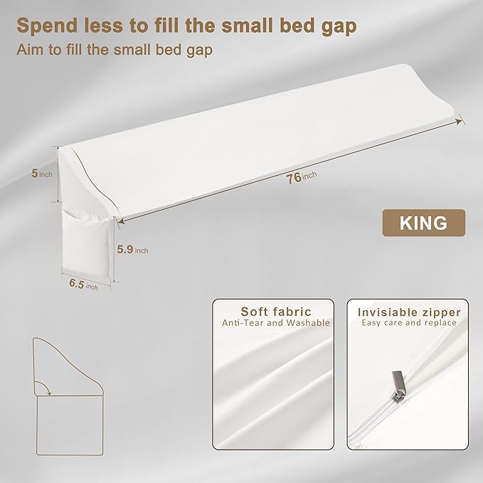 Vekkia King Bed Wedge Gap Filler Pillow/Mattress Wedge Gap Filler/Headboard Pillow/Bed Gap Filler to Close Gap (0-3.5") Between Headboard and Mattress King（White）