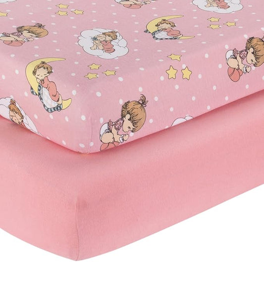2 Pack Fitted Crib Sheets for Girls in 100% Jersey Knit Cotton – Pink and Yellow Precious Moments Design Plus Solid Pink Girl’s Crib Mattress Sheets by Everyday Kids