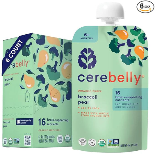 Cerebelly Baby Food Pouches – Organic Veggie Purees for Toddlers | No Added Sugar, Fiber, Non-GMO | Blended Toddler Pouches | 4 Ounce BPA-Free Pouch | Broccoli Pear | 6 Count
