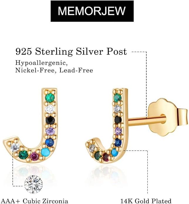 Memorjew Initial Stud Earrings for Women, Hypoallergenic 925 Sterling Silver Post Rainbow Cubic Zirconia Gold Plated 26 Initial Earrings for Women Jewelry Gifts