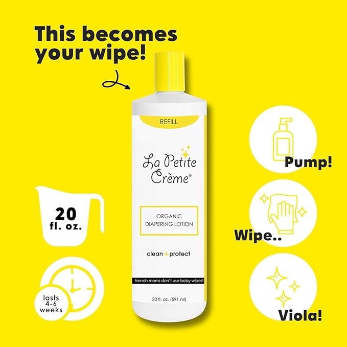 La Petite Creme French Premium Diapering Lotion - Diaper Cream Alternative to Baby Wipes - Gentle Moisturizer & Skin Cleanser with USDA Certified Organic Ingredients - Baby Essentials (20 oz)