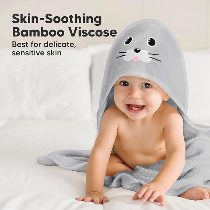 KeaBabies Hooded Baby Towel for Newborn - Viscose Derived from Bamboo Large Baby Bath Towels with Hood for Boys, Girls, Toddler, Extra Absorbent & Soft Newborn Bath Essentials (Seal)