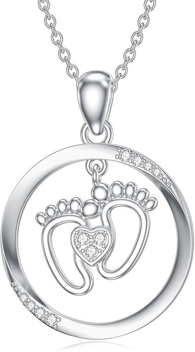 Diamond Baby Feet Necklaces for Women 925 Sterling Silver Mother Heart Pendant Baby Footprint Necklace for Mom-to-Be Gifts Diamond Jewelry