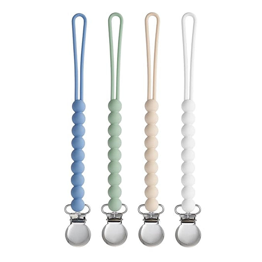 Pacifier Clip for Boys Girls - MORIBOX 4 Pack Paci Clip Soothie Baby Binky Holder for Shower Gift Birthday (Beige+White+Blue+Sage)
