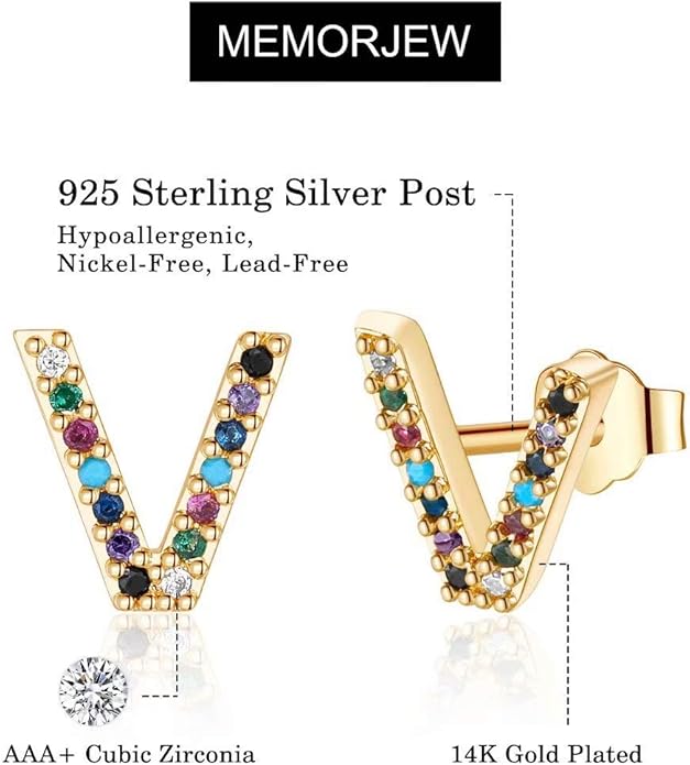 Memorjew Initial Stud Earrings for Women, Hypoallergenic 925 Sterling Silver Post Rainbow Cubic Zirconia Gold Plated 26 Initial Earrings for Women Jewelry Gifts