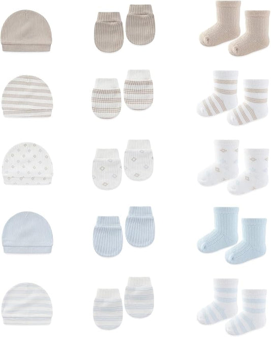 15 Pack Infant Hats Gloves Socks Unisex Baby Boy Girl Accessories Set Cotton New Born Caps Mittens